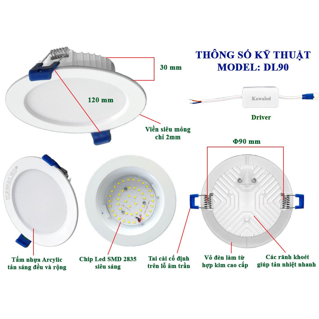 Đèn Led âm trần đúc nguyên khối Kawaled DL90-7W/3CM