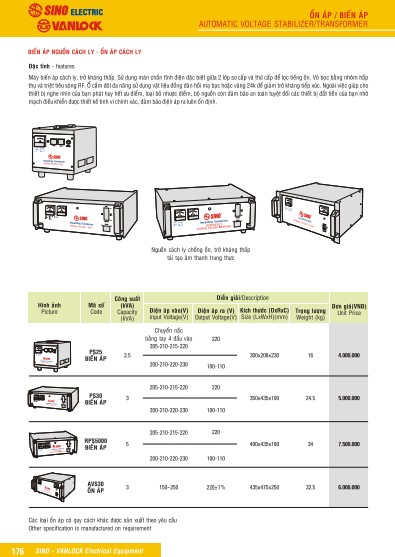 Bảng giá Ổn áp & Biến áp Sino Vanlock