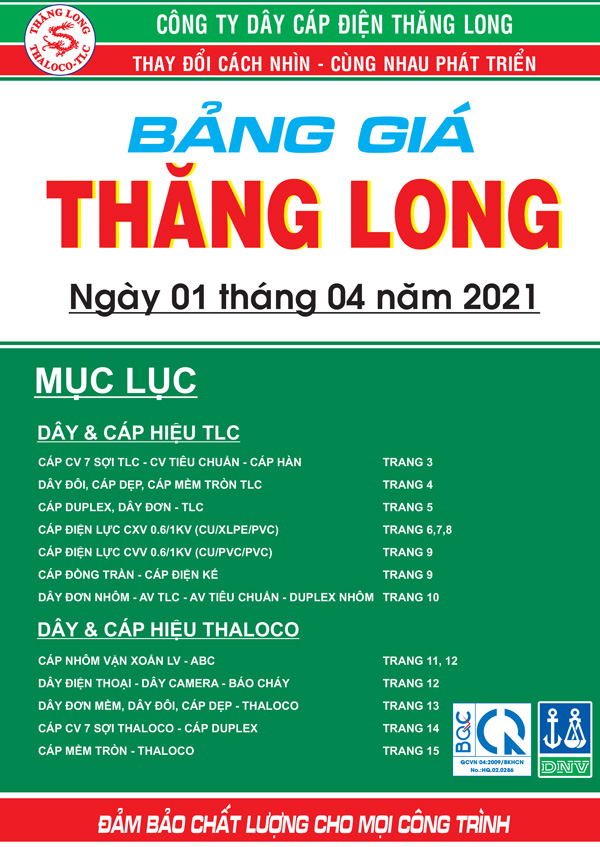 Bảng Giá Cáp Điện Thăng Long 06/2021