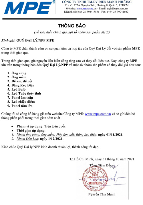 【MPE】Thông báo thay đổi bảng giá MPE tháng 11/2021