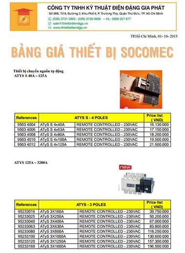 Bảng giá thiết bị chuyển nguồn tự động ATS SOCOMEC 2015