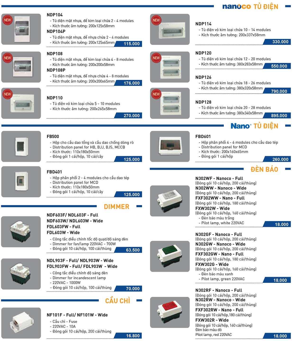 Tủ Điện-Dimer-Cầu chi-Đèn báo (Panasonic/Nanoco)