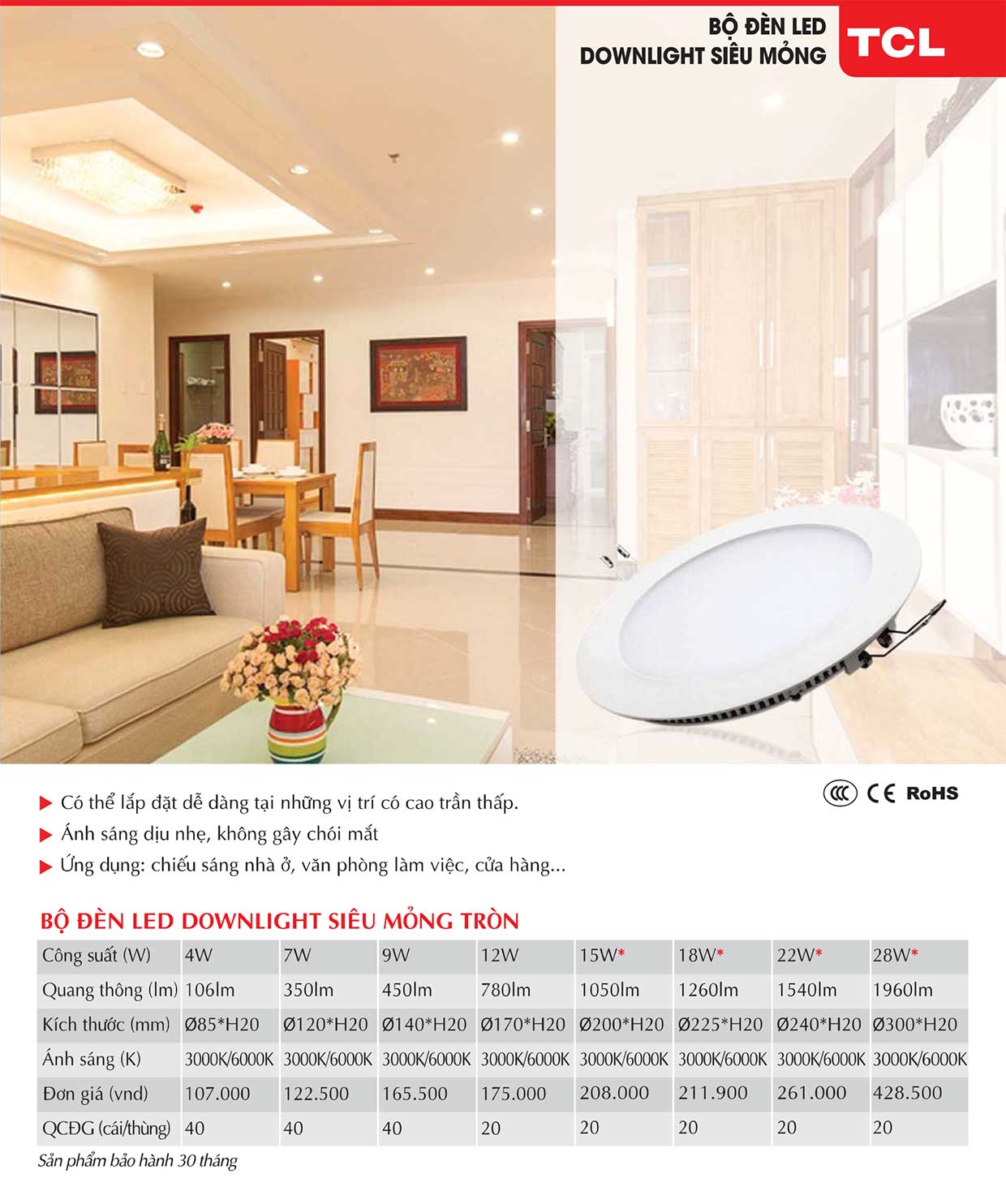 Bộ đèn Led downlight âm trần siêu mỏng TCL (TCL)
