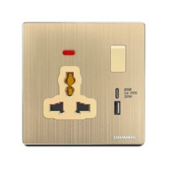 Bộ ổ cắm 3 chấu + USB Type C GRIMMA G52GUSB có đèn báo G52GUSB