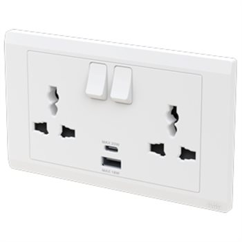 Bộ ổ cắm đa năng đôi ABB Inora BL250 13A kèm công tắc + cổng sạc USB 2TCZ172018R0040