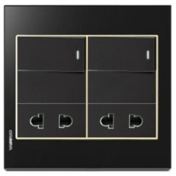 Bộ 2 công tắc 1 chiều và 2 ổ cắm 2 chấu Grimma, mặt kính cường lực đen G6 series G6GLBK212SK2 G6GLBK212SK2