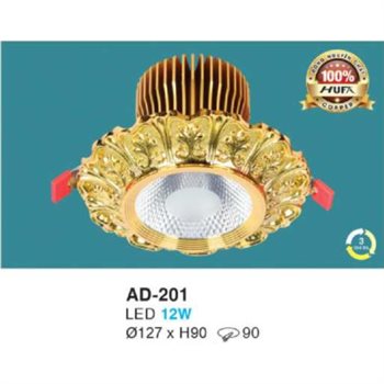 Đèn led âm trần đồng nguyên chất mạ vàng 24K Ø127*H90-12W, khoét lỗ Ø90 AD 201