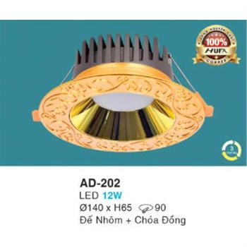 Đèn led âm trần đồng nguyên chất mạ vàng 24K Ø140*H65-12W, khoét lỗ Ø90 AD 202