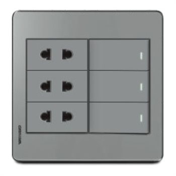 Bộ 3 công tắc 1 chiều + 3 ổ cắm 2 chấu Grimma, mặt Acrylic xám G7 series G7ACXK313SK2 G7ACXK313SK2