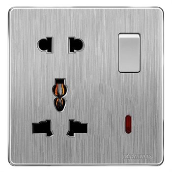 Bộ ổ cắm 2 chấu + 3 chấu có công tắc điều khiển mặt nhựa vân xước màu xám Grimma G20KSK23 G20KSK23