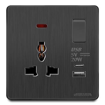 Bộ ổ cắm 3 chấu có đèn báo + USB type C 20W mặt nhựa vân xước màu đen Grimma G20BUSB G20BUSB