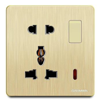 Bộ ổ cắm 2 chấu + 3 chấu có công tắc điều khiển mặt nhựa vân xước màu vàng Grimma G20GKSK23 G20GKSK23