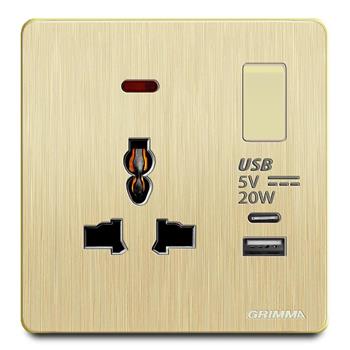 Bộ ổ cắm 3 chấu có đèn báo + USB type C 20W mặt nhựa vân xước màu vàng Grimma G20GUSB G20GUSB