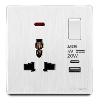 Bộ ổ cắm 3 chấu có đèn báo + USB type C 20W mặt nhựa vân xước màu trắng Grimma G20WUSB G20WUSB