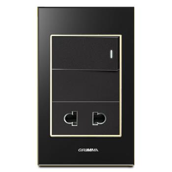 Bộ công tắc đơn 1 chiều và ổ cắm 2 chấu Grimma, mặt kính cường lực đen G6 series G6GLBK12SK2 G6GLBK12SK2