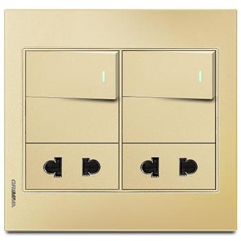 Bộ 3 công tắc 1 chiều và 2 ổ cắm 2 chấu Grimma, mặt kính cường lực vàng G6 series G6GLGK212SK2 G6GLGK212SK2