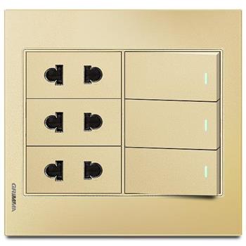 Bộ 3 công tắc 1 chiều và 3 ổ cắm 2 chấu Grimma, mặt kính cường lực G6 series G6GLGK313SK2 G6GLGK313SK2