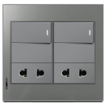Bộ 3 công tắc 1 chiều và 2 ổ cắm 2 chấu Grimma, mặt kính cường lực vàng G6 series G6GLXK212SK2 G6GLXK212SK2