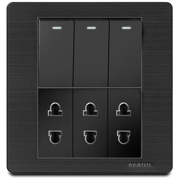 Bộ 3 công tắc 1 chiều và 3 ổ cắm 2 chấu Grimma, mặt thép không gỉ G7 series G7SBK313SK2 G7SBK313SK2
