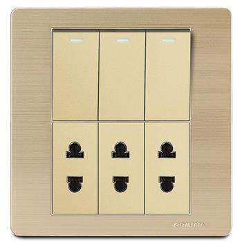 Bộ 3 công tắc 1 chiều và 3 ổ cắm 2 chấu Grimma, mặt thép không gỉ G7 series G7SGK313SK2 G7SGK313SK2