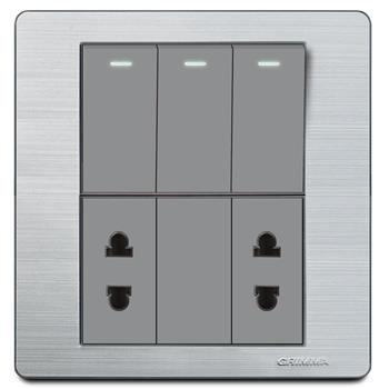 Bộ 3 công tắc 1 chiều và 2 ổ cắm 2 chấu Grimma, mặt thép không gỉ G7 series G7SK312SK2 G7SK312SK2
