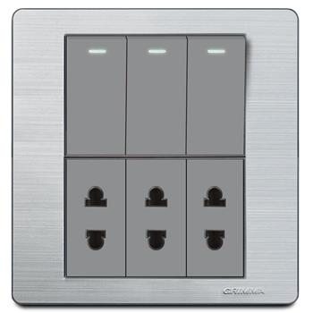 Bộ 3 công tắc 1 chiều và 3 ổ cắm 2 chấu Grimma, mặt thép không gỉ G7 series G7SK313SK2 G7SK313SK2