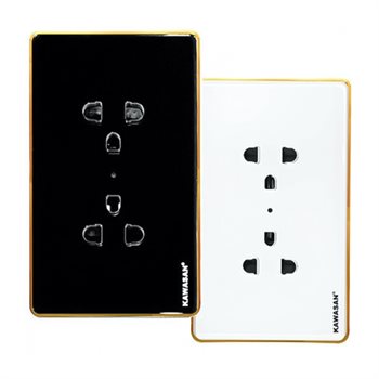 Ổ cắm đôi 3 chấu viền vàng kính cường lực Kawasan SC2V SC2V-W/B