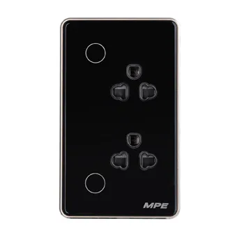 Mặt ổ cắm đôi 3 chấu MPE viền vàng điều khiển Wifi màu đen SOB2/SC