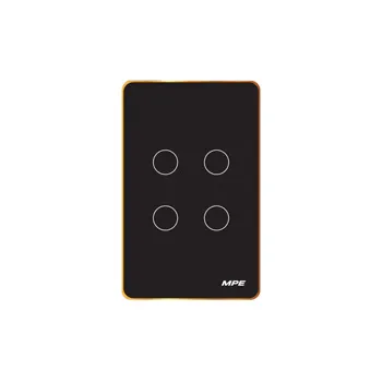 Mặt 4 công tắc MPE thông minh điều khiển Wifi màu đen viền vàng SWB4/SC