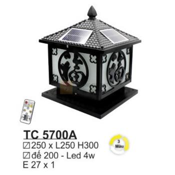 Đèn trụ cổng năng lượng E27*1 - Ø250*L250*H300 - Đế Ø200 - Led 4W 3 màu - vỏ màu đen TC 5700A
