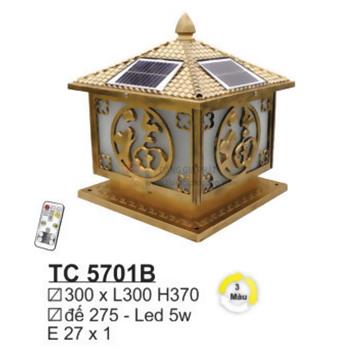 Đèn trụ cổng năng lượng E27*1 - Ø300*L300*H370 - Đế Ø275 - Led 5W 3 màu - vỏ màu gold TC 5701B