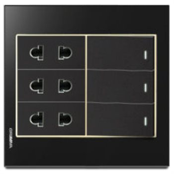 Bộ 3 công tắc 1 chiều và 3 ổ cắm 2 chấu Grimma, mặt kính cường lực đen G6 series G6GLBK313SK2 G6GLBK313SK2