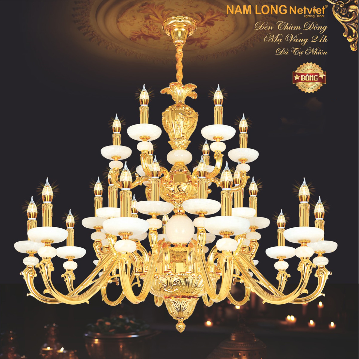 Đèn chùm nến đồng Netviet Ø1100 x H900 + 500, E14 x 30 lamp W52Kg