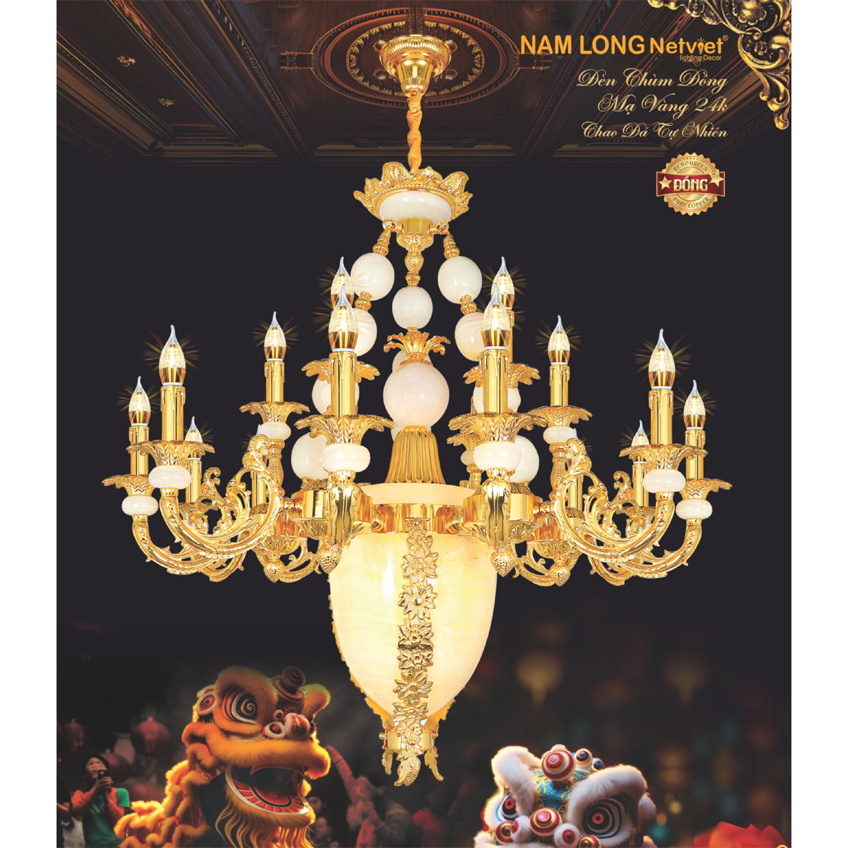 Đèn chùm nến đồng Netviet Ø900 x H900 + 500, E14 x 18 lamp W45Kg