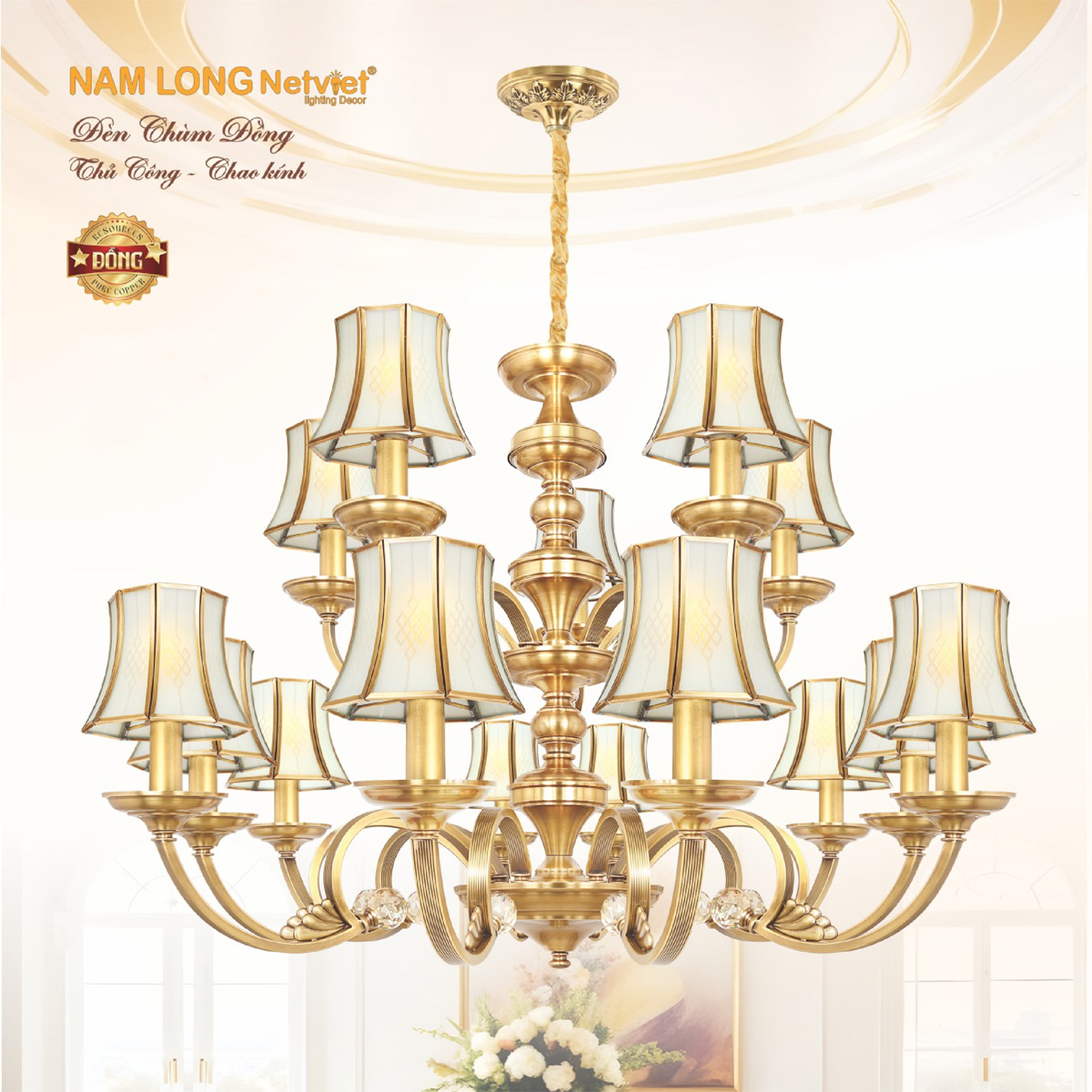 Đèn chùm đồng Netviet Ø1000*H700+500, E14*15 lamp W24Kg