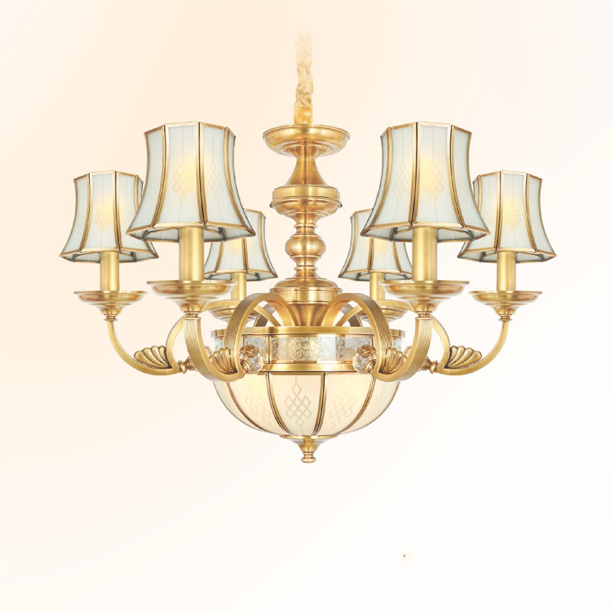 Đèn chùm đồng Netviet Ø800*H500+500, E24*3 lamp, E14*15 lamp W15Kg