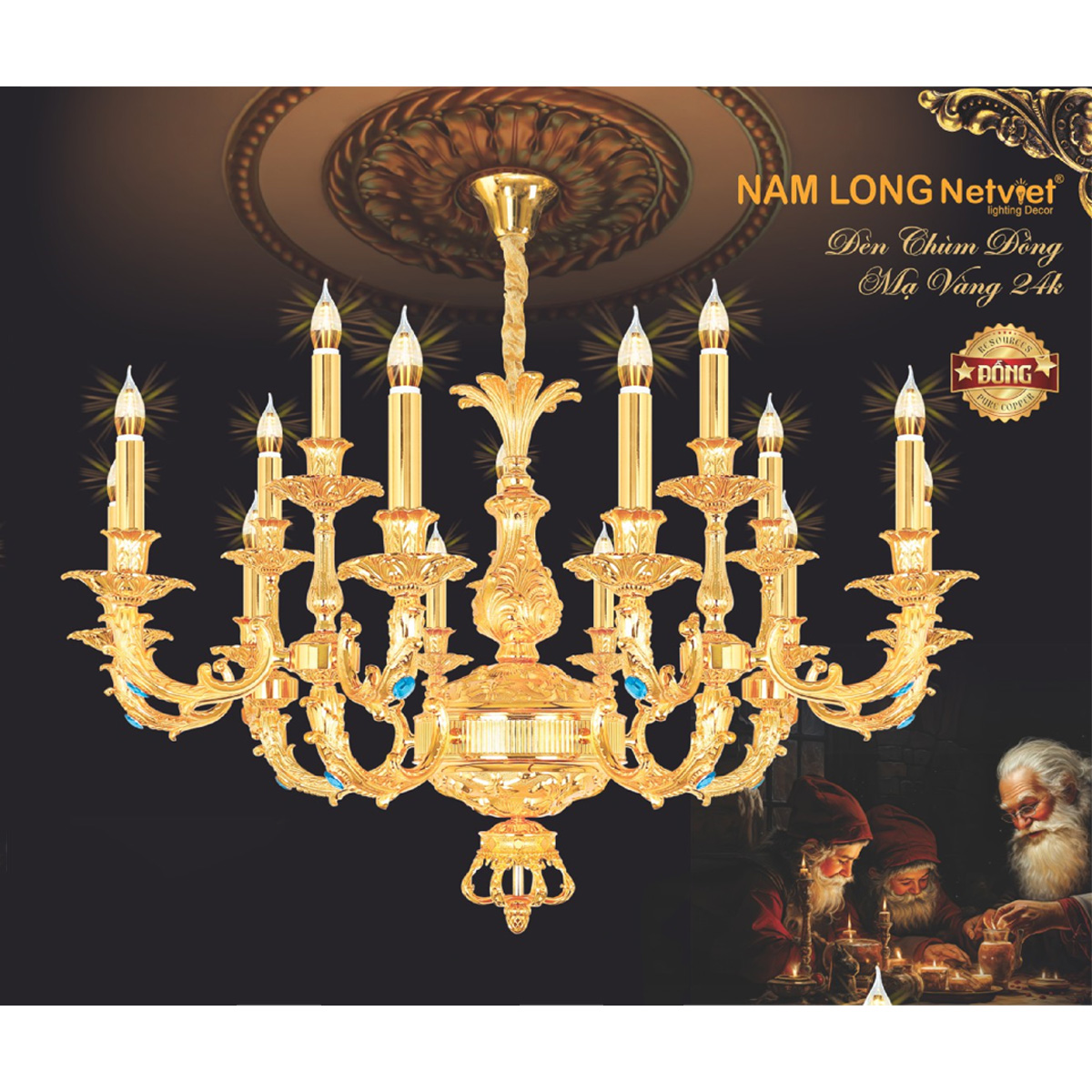 Đèn chùm nến đồng Netviet Ø1000 x H600 + 500, E14 x 15 lamp W21Kg