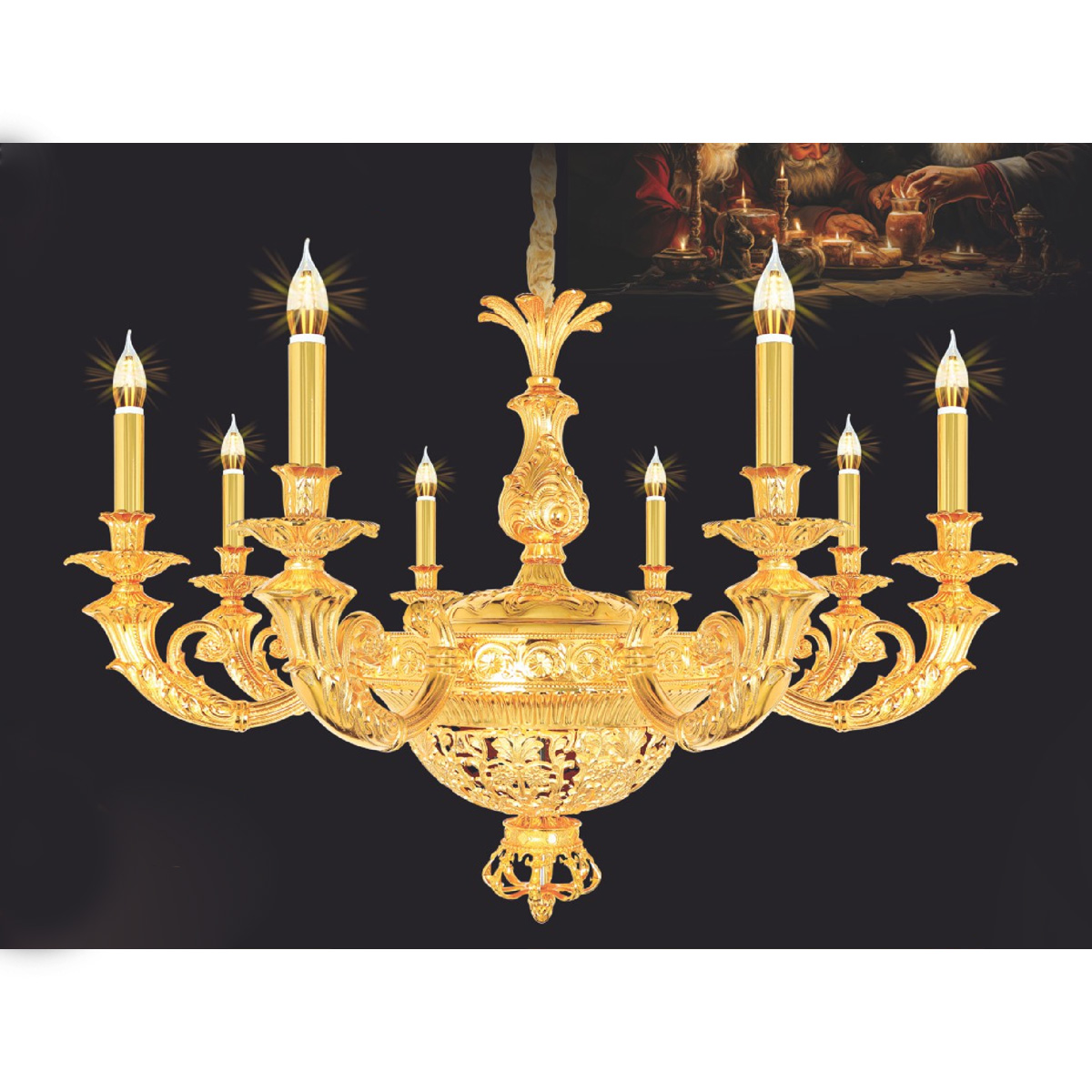 Đèn chùm nến đồng Netviet Ø950 x H700 + 500, E14 x 8 lamp W26Kg