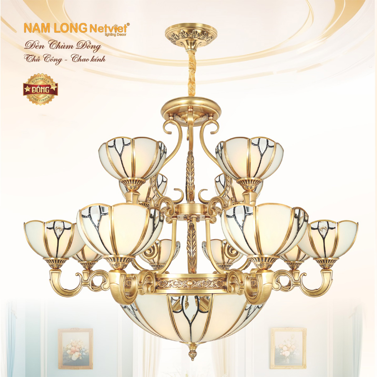 Đèn chùm đồng Netviet Ø1050*H850+500, E27*16 lamp W35Kg