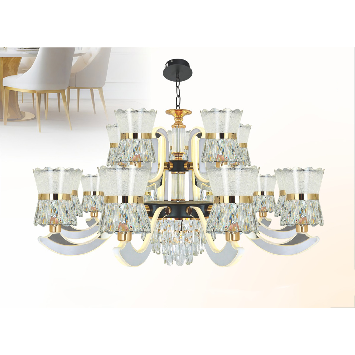 Đèn chùm chao pha lê Ø900*H550+500 Led 280W 3 màu W16Kg