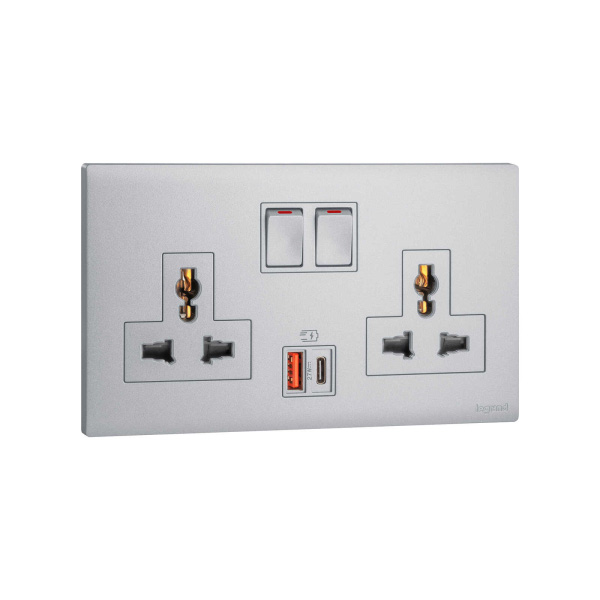 Bộ ổ cắm đôi đa năng có công tắc, 16A và ổ sạc USB Type A+C