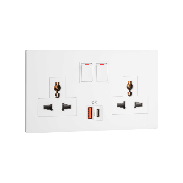 Bộ ổ cắm đôi đa năng có công tắc, 16A và ổ sạc USB Type A+C