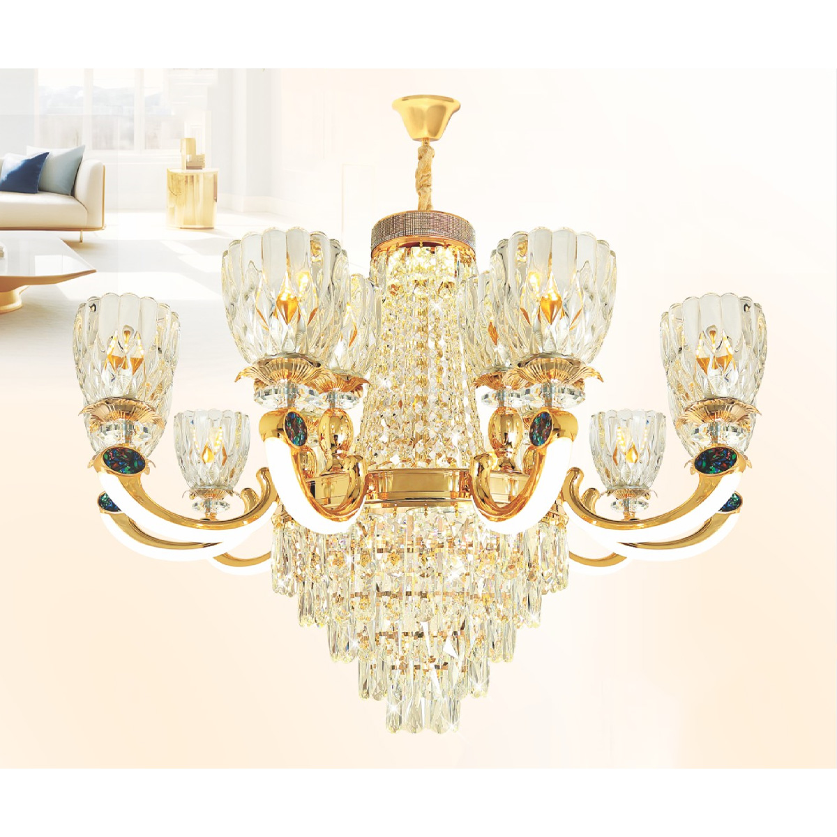 Đèn chùm chao pha lê Ø950*H800+500 - E14 x 15 lamp W28Kg