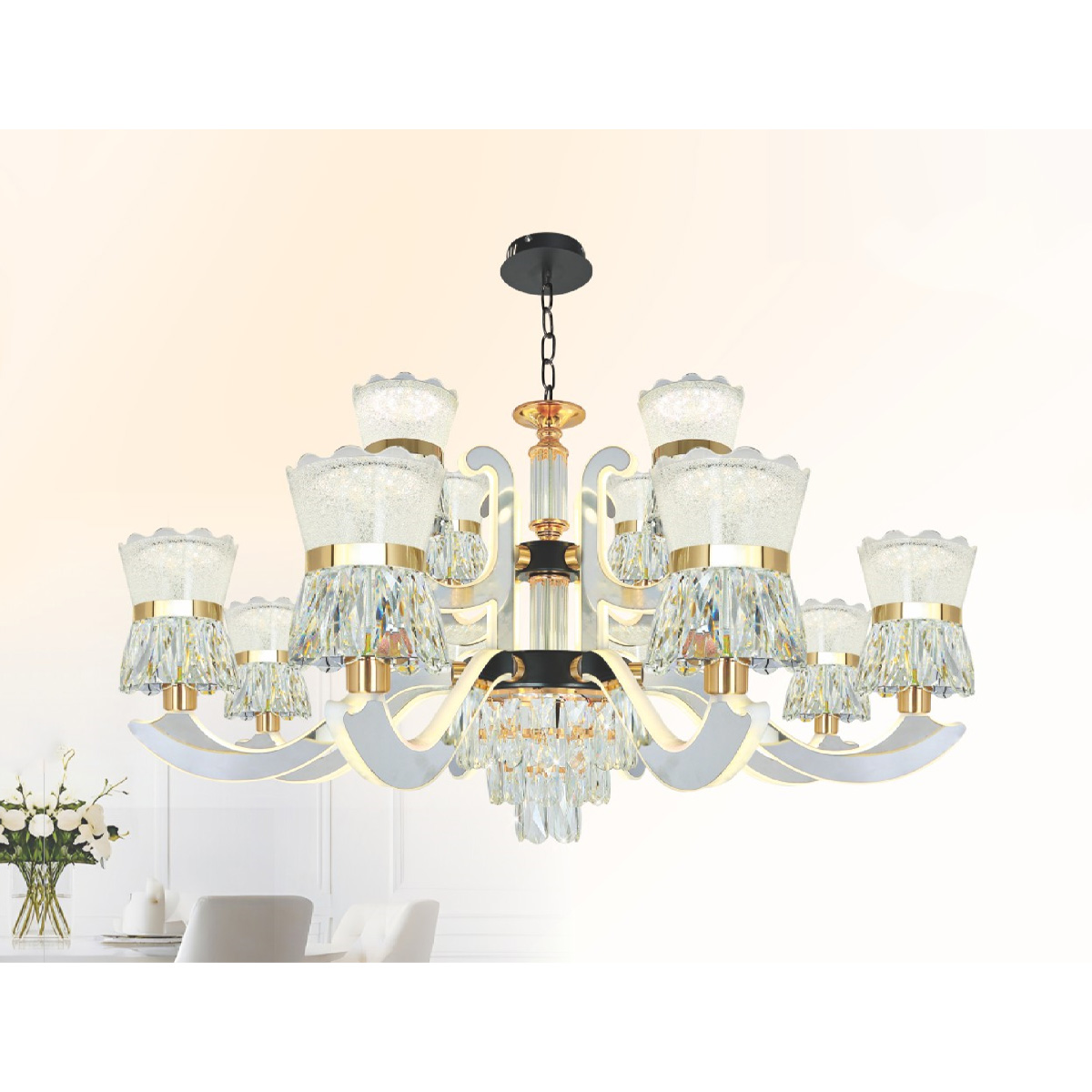 Đèn chùm chao pha lê Ø900*H550+500 Led 240W 3 màu W12Kg