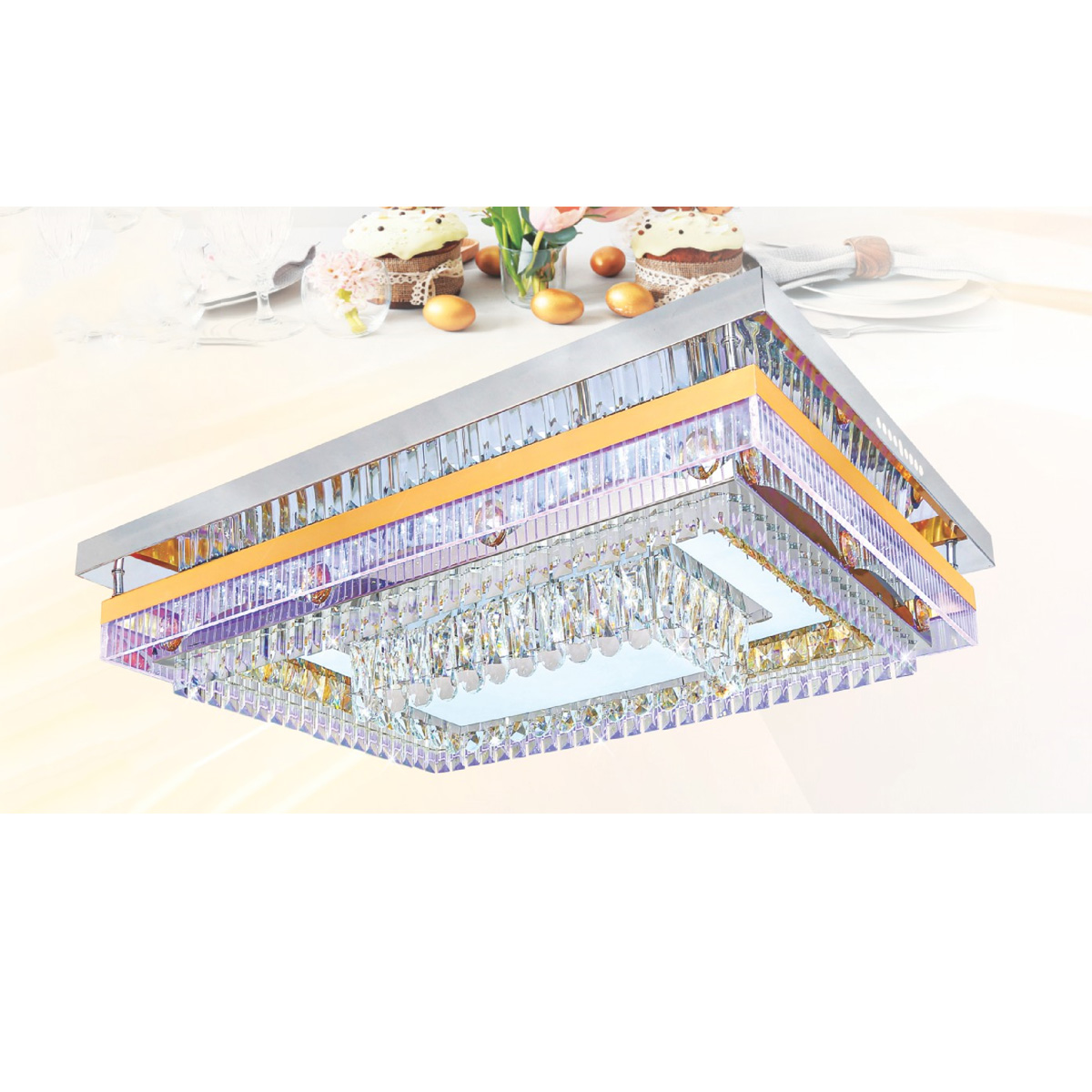Đèn mâm vuông pha lê Ø800-600 x H130, 3 màu ánh sáng