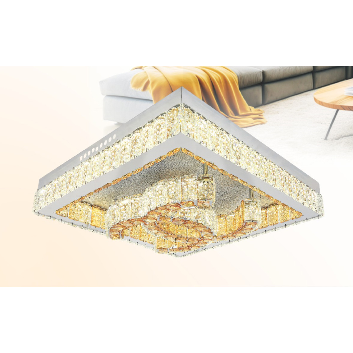 Đèn mâm vuông pha lê Ø500 x H110 3 màu ánh sáng