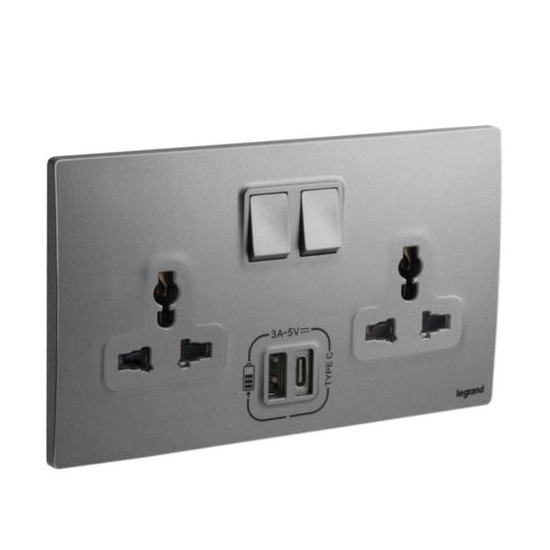 Bộ ổ cắm đôi đa năng có công tắc 16A và ổ sạc USB Type A + Type C