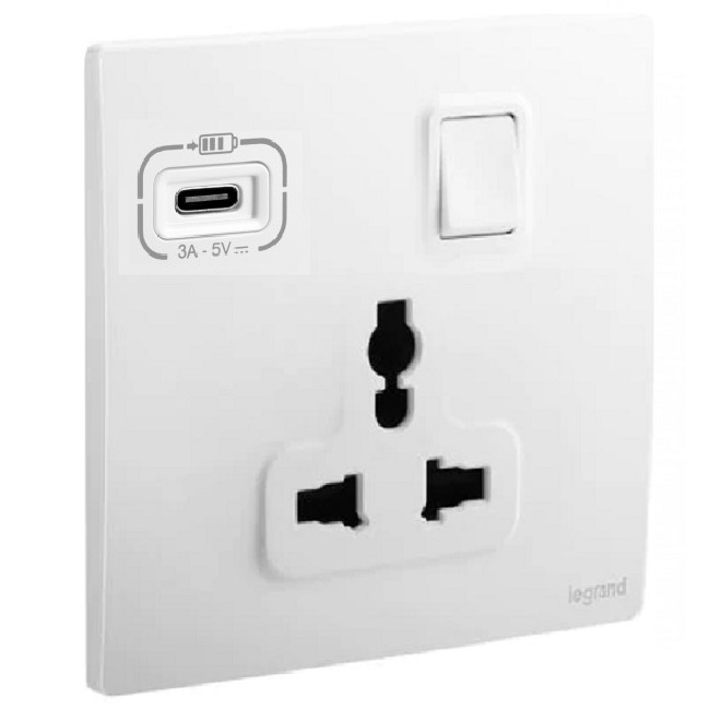 Bộ ổ cắm đa năng có công tắc 16A và ổ sạc USB Type C