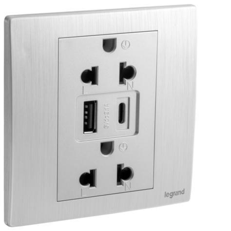 Bộ ổ cắm đôi 3 chấu 16A và ổ sạc USB Type A + Type C