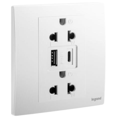 Bộ ổ cắm đôi 3 chấu 16A và ổ sạc USB Type A + Type C